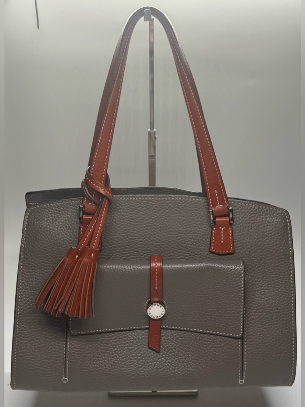Dooney & Bourke Pebbled Leather Tote Gray Brown Tassel Shoulder Bag Large